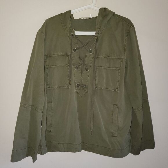 Free People Safari Pullover Jacket Lace Up Army Green Hooded Top Medium - Picture 1 of 12